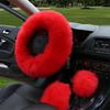 3pcs/set Fur Car Steering Wheel Cover Chinese Red Color Wool Winter Essential