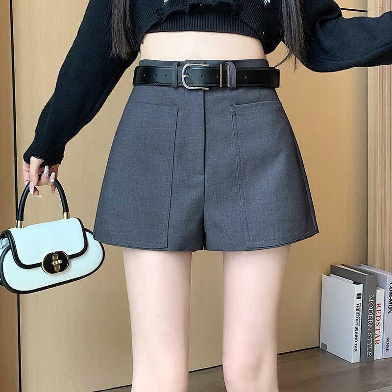 Весенние шорты А-силуэта большого размера с высокой посадкой черного цвета для женщин - Маленький размер, Свободный крой, Широкие штанины, Моделирующие фигуру, Костюмный стиль