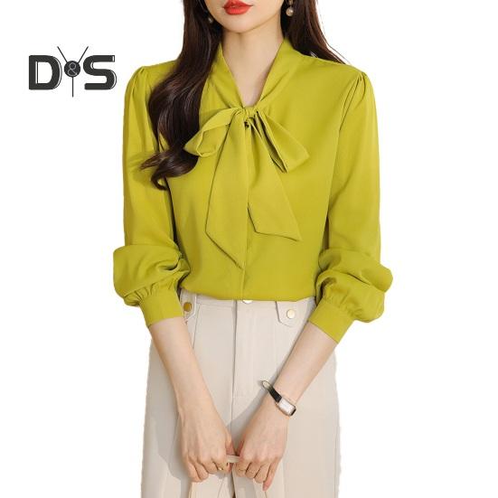 Женская рубашка со шнуровкой и бантом на воротнике, с длинным рукавом, повседневная рубашка, однотонная, свободная, шифоновая рубашка, топы, повседневная одежда