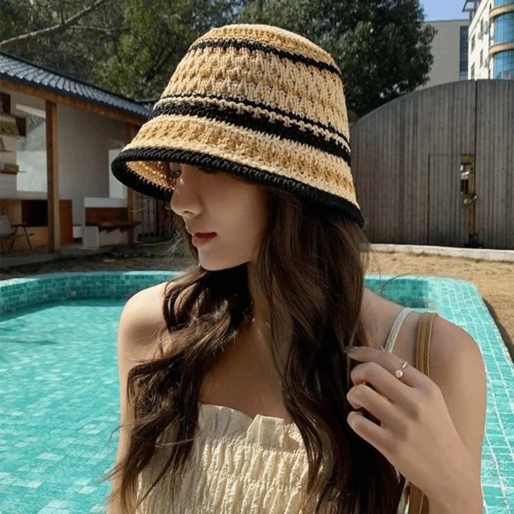 Stripe Knitted Bucket Hat Temperament Sun Protection Cap Fashion Fisherman Hat Women