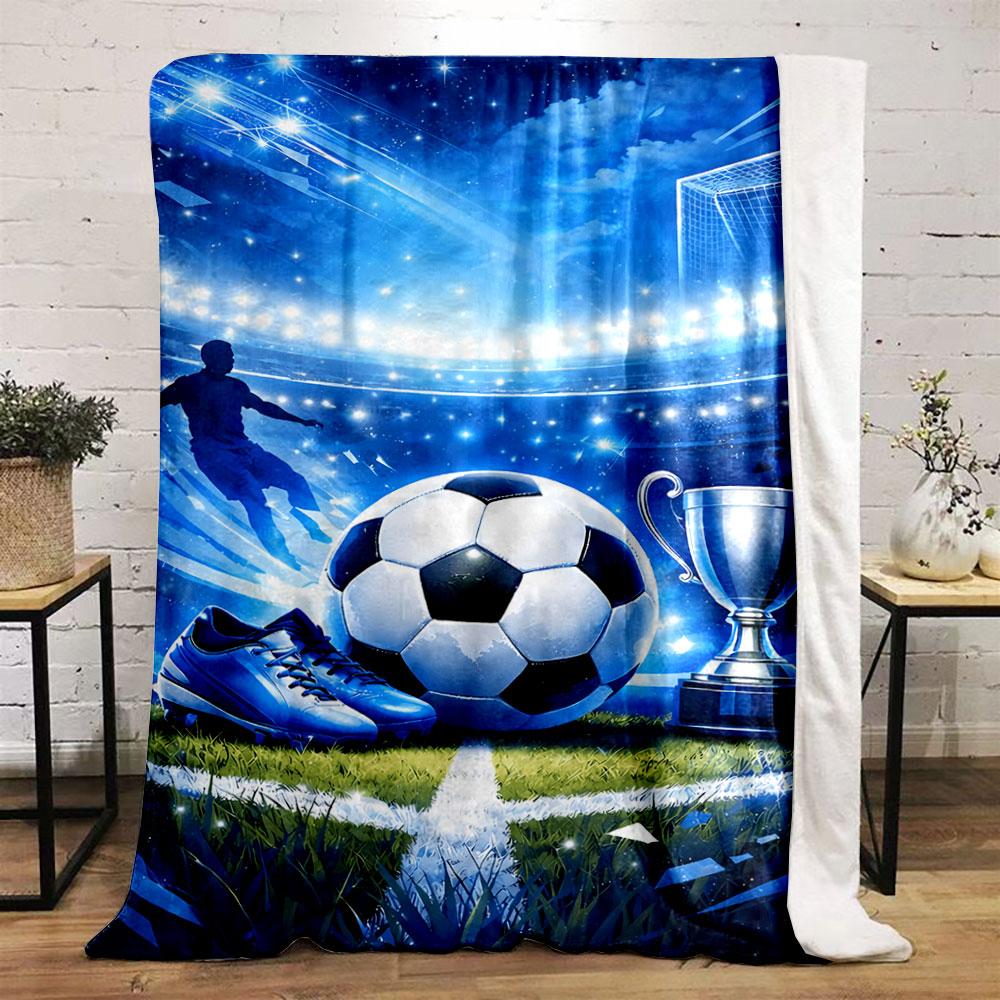 A bright football-themed pattern with a ball, trophy, cleats, and stadium. for all seasons blanket lunch break throw gift