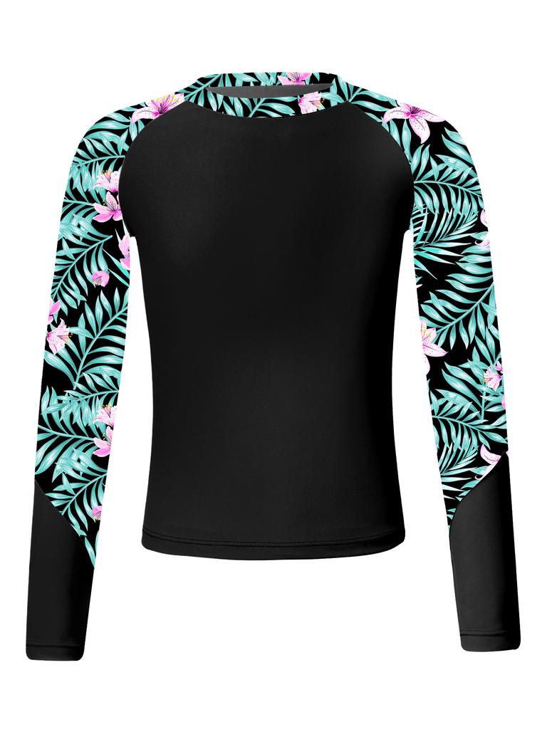 Children‘s 4-Piece Swimsuit Set Printed Long Sleeve Mock Neck Top U Back Crop Top High Waist Swim Shorts and Briefs for Beach Vacation