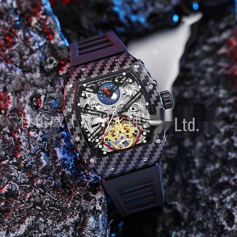 Мужские часы Durham Weida Tonneau Skeleton Tourbillon с автоподзаводом и резиновым ремешком.