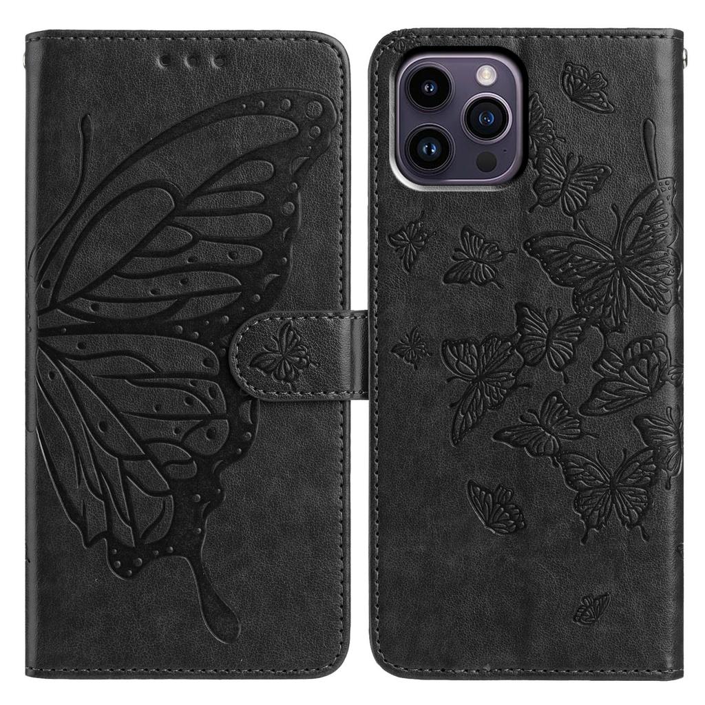 For iPhone 14 Pro Case Butterfly Imprinted Wallet Stand PU Leather Flip Phone Cover with Strap