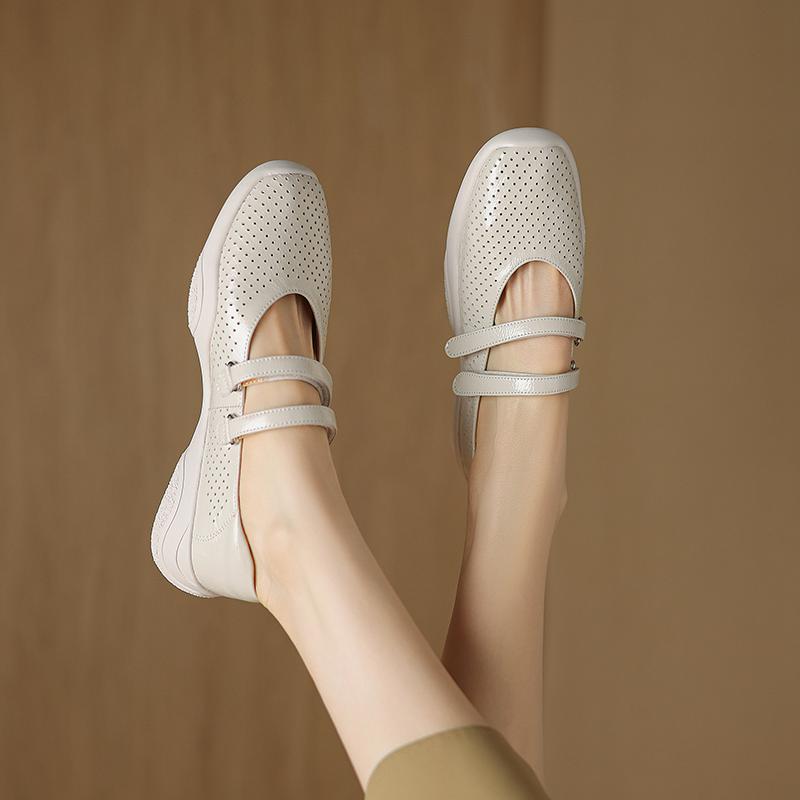 Krazing Pot Туфли-лодочки из овчины весна-лето размер 41 на толстом низком каблуке с круглым носком и полым украшением, дышащие, с липучкой