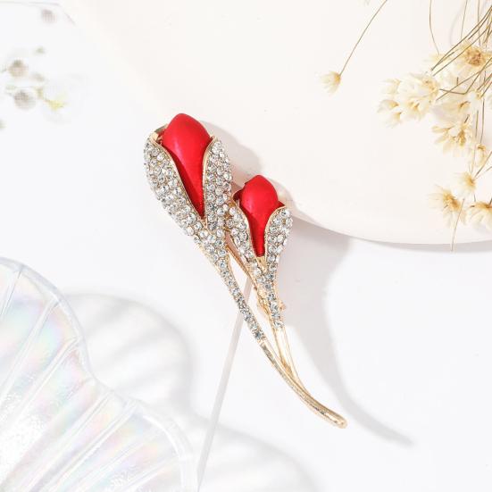 Женская брошь с лацканами, красный тюльпан, декор со стразами, воротник костюма, воротник формального случая, булавка для офисной одежды, вечерние ювелирные изделия для выпускного вечера