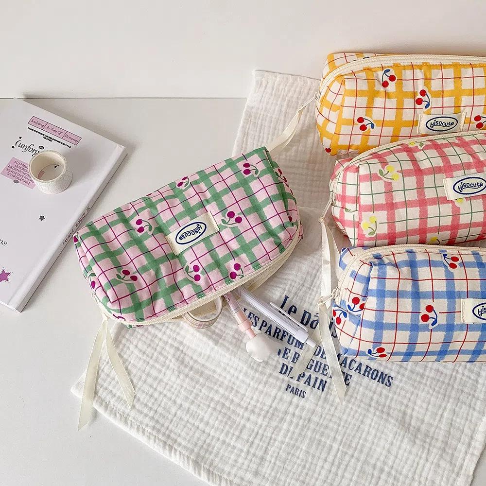 Large Capacity Y2K Cherry Pencil Case Checkered Cartoon Cherry Makeup Bag Korean Pencil Bag Gifts