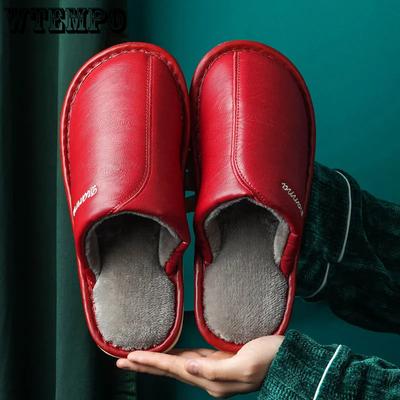 Большие размеры PU парные тапочки из искусственной кожи зимние теплые плюшевые тапочки для улицы и дома в спальне на плоском каблуке нескользящая обувь