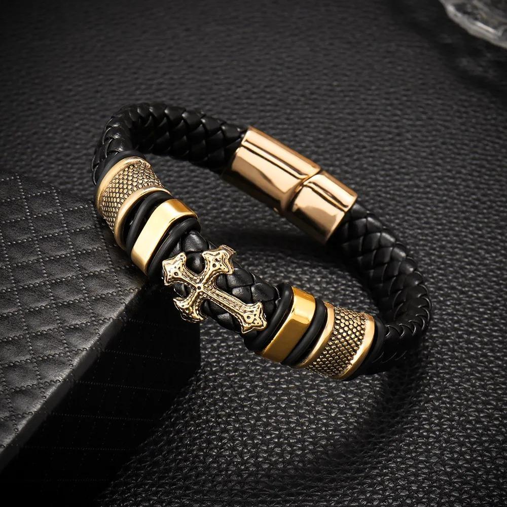 Luxury Mens Bracelet Cross Titanium Steel Vintage Fashion Jewelry Leather Braided Trend Personality Hot Selling Bangles