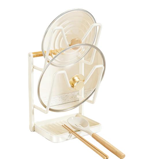 Yousheng Kitchen Pot Lid Storage Rack Carbon Steel Pot Lid Holder While Cooking Pot Lid Stand with Spoon Rest Removable Drip Tray for Countertop Pan