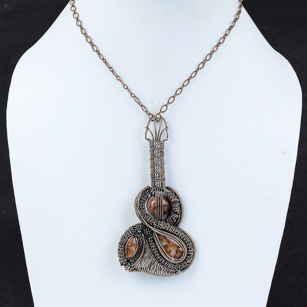 Подвеска Sunstone, медная проволочная обертка, подвеска из натурального драгоценного камня, проволочная обертка, ювелирное изделие ручной работы, подвеска в виде гитары, медные ювелирные изделия, подарок для нее