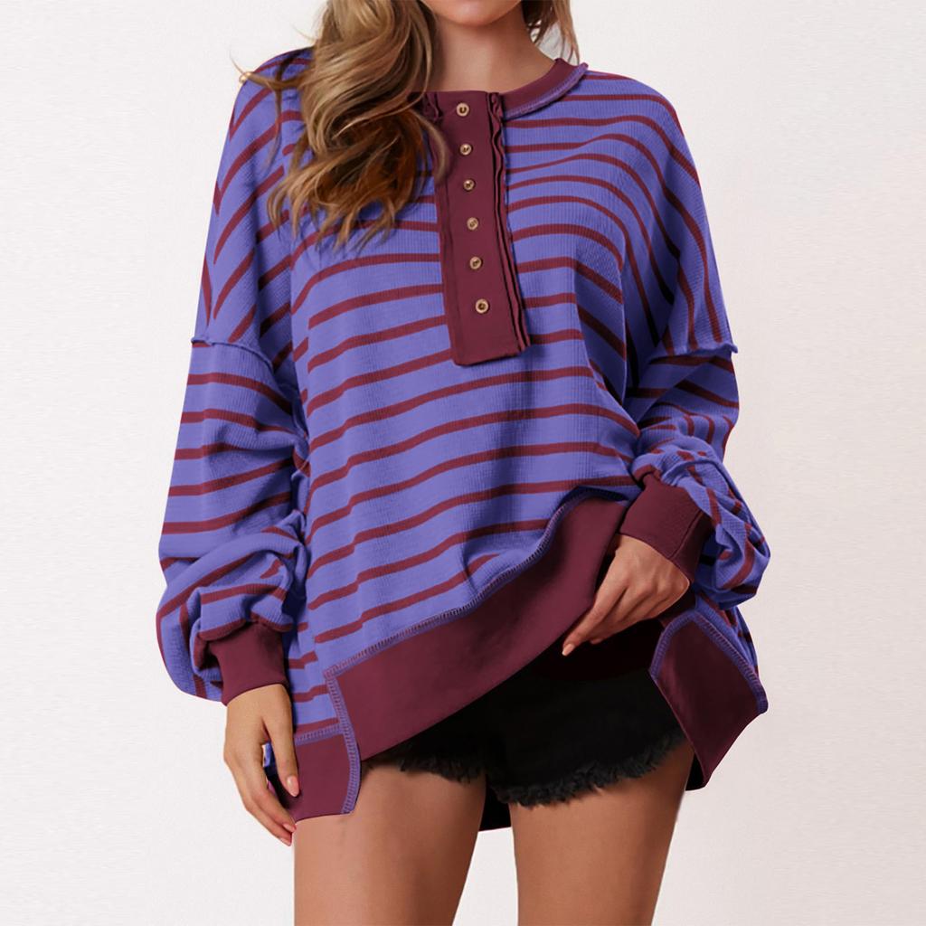Women's Fashion Striped Round Neck Long Sleeve Button Top Color Blocked Pullover Sweatshirt Top