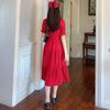 Cute Sweet Well-behaved Girl Solid Color Bow Ruffle Mid-length A-shaped Skirt Age Reduction Looser  Short Sleeve Dress