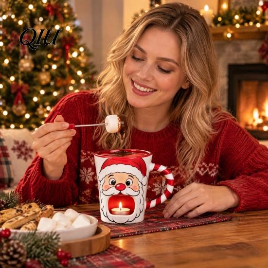 Christmas Exchange Present Santa Claus Ceramic Chocolate Fondue Mug with Forks, Melting Mug, Cheese Pot Tealight Candle Mini Simmer Cup for Party And