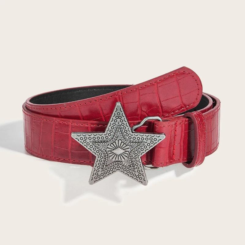 Width 3.3cm Hip-hop Retro Ladies Belt Gothic Punk Five-pointed Star Buckle Pu Leather Girdle Rock Y2k Popular Red Waistband