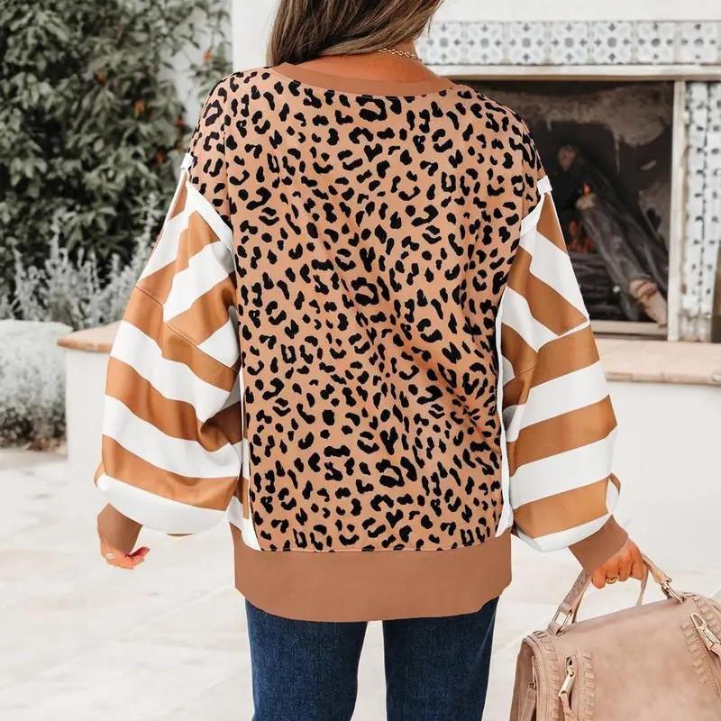 Womens Casual Oversized Round Neck Sweatshirt With Leopard Print Patchwork Stripe Design 2026