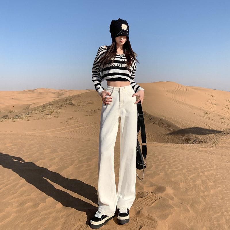 Off-white straight jeans women's spring new high-waisted high-end loose and narrow wide-leg pants
