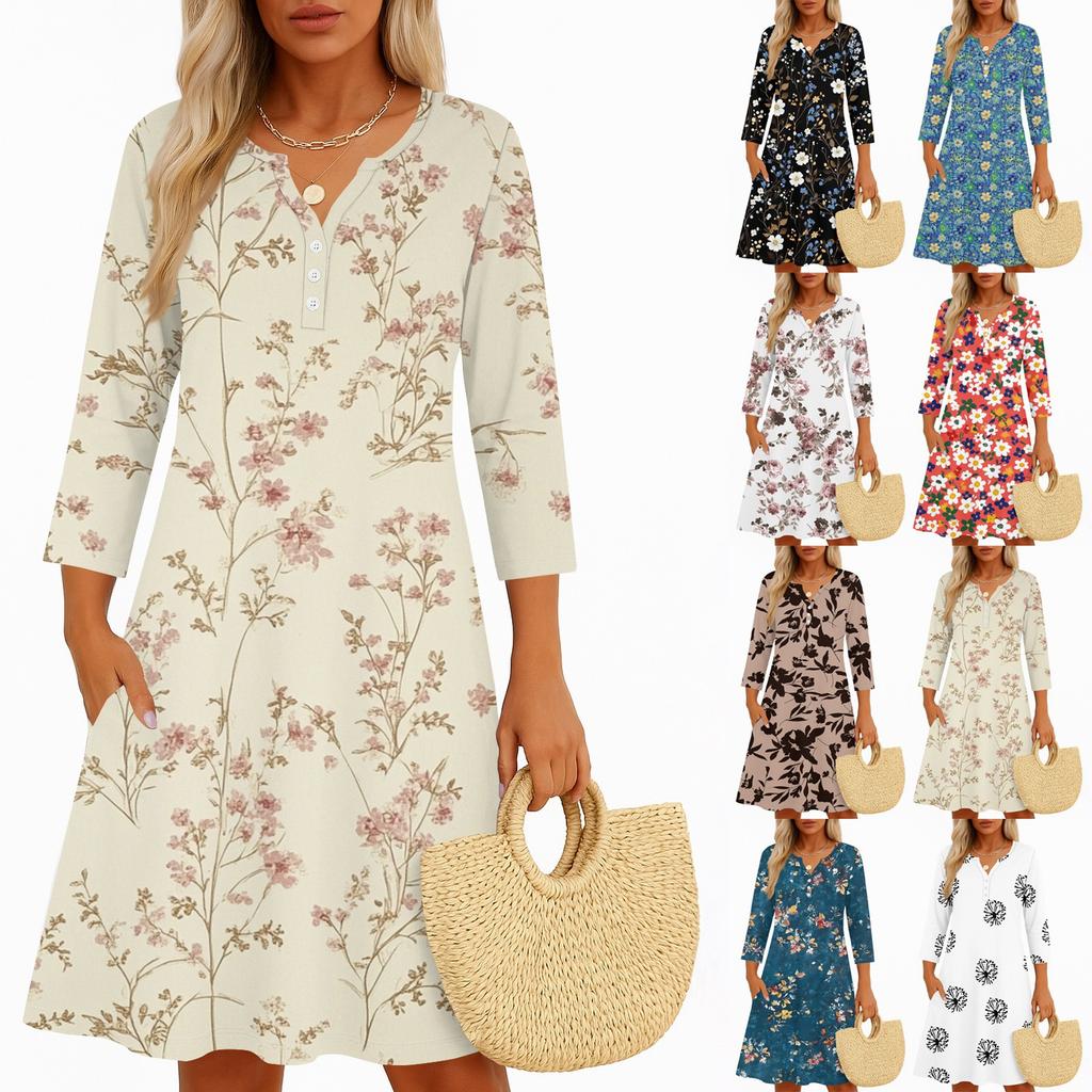 Платья для женщин Весенние сарафаны Женское повседневное платье с рукавом 3/4 V-образный вырез Бохо Платье с цветочным принтом