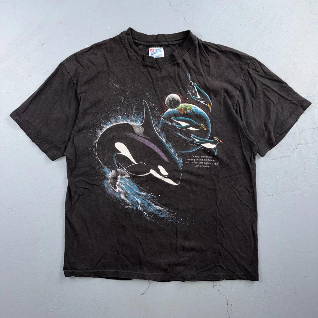 VTG 1990s Harlequin Space Galaxy Wildlife Epic Dolphin Whale Animal T Shirt L