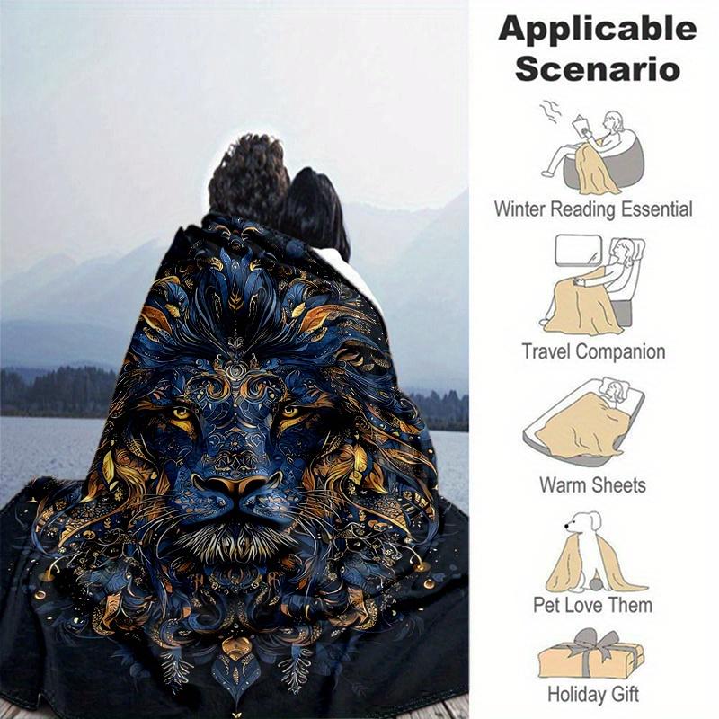 1pc Blue and Gold Ornate Lion Portrait Blanket Soft and Cozy for All Seasons, Living Room, Travel, Camping, Car Blankets