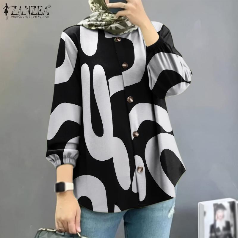 ZANZEA Women Lantern Sleeve Geometric Pattern Casual Blouse