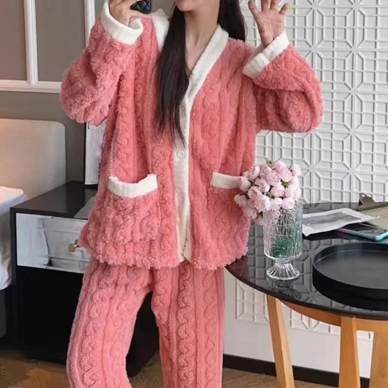 2pcs/Set Autumn and Winter Pajamas Women Thickened Padded Warm Students Coral Girls Clot Velvet Suit Homewear Cardigan Trousers
