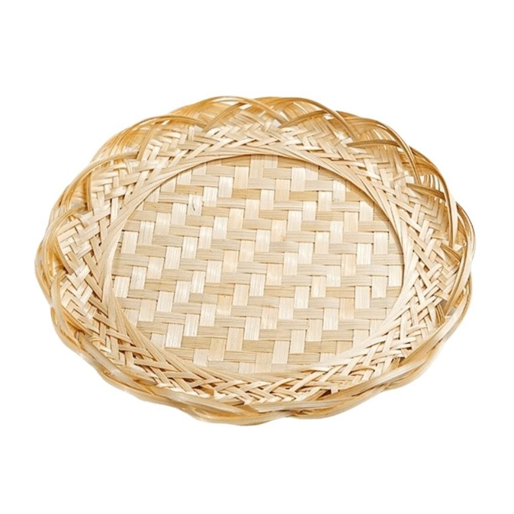 Round Woven Bamboo Tray Scalloped Edge Fruit Snack Serving Tray Kitchen Storage