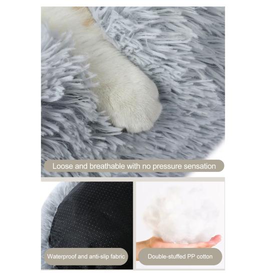 Donut Pet Bed Fluffy Round Cat Bed with Anti-Slip Bottom Cozy Shaggy Plush Dog