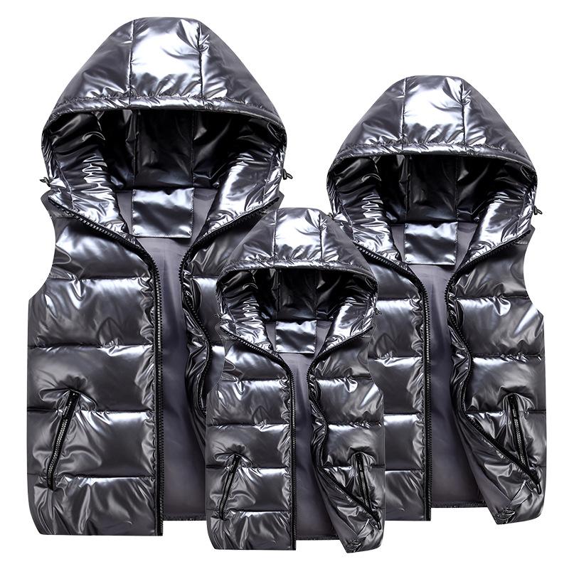 Autumn and Winter Parent-child Glossy Stand-up Collar Cotton Vest Men's Thickened Hooded Slim Shoulders Cotton Love