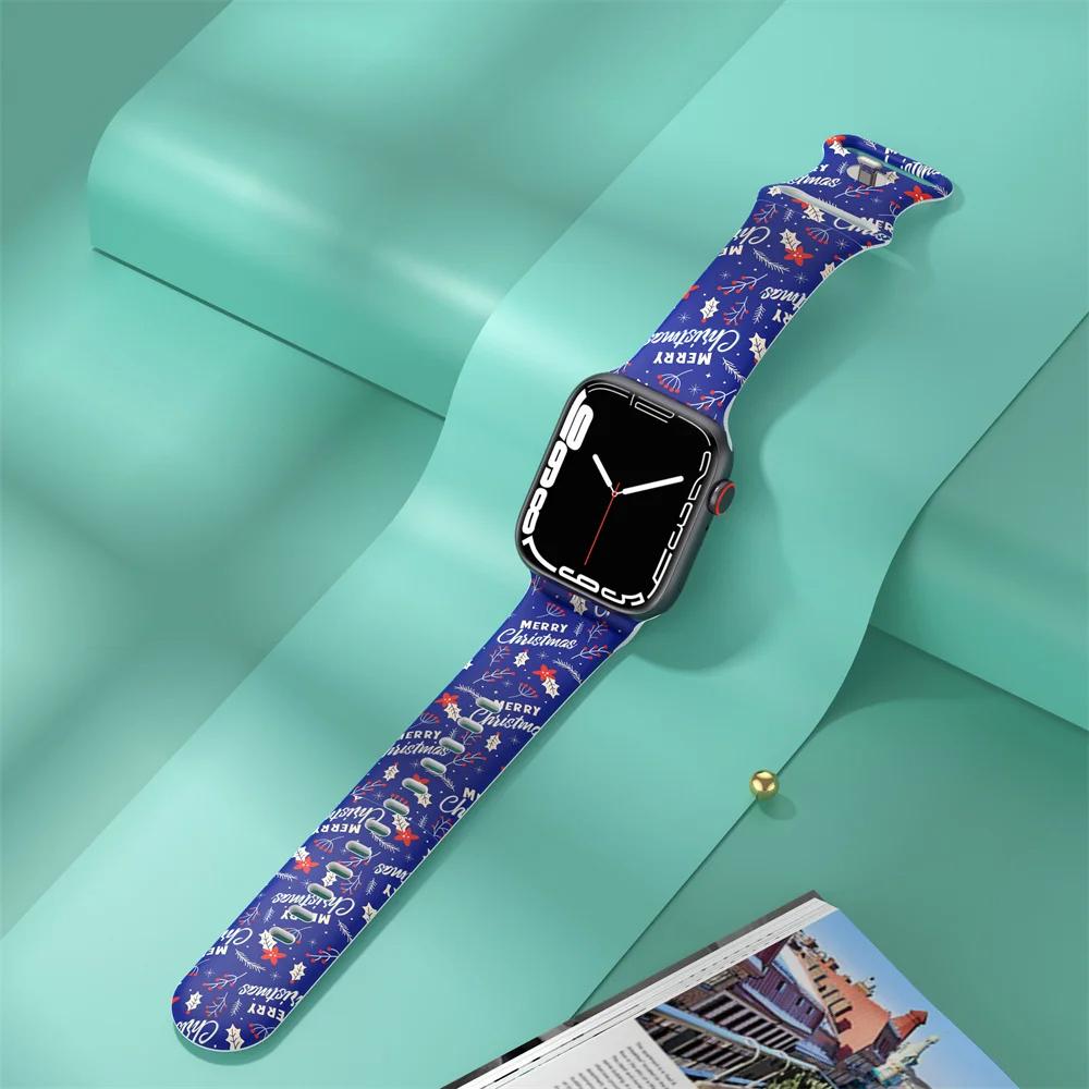 Для рождественских ремешков для Apple Watch ремешок 44 мм Ultra 2 49 мм 40 мм женский силиконовый браслет с принтом iWatch Series 9 8 7 6 5 SE 41/45 мм