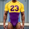 Men's Short Sleeve Letter Print Fitted Leotard Jumpsuits Underwear One Piece Suit