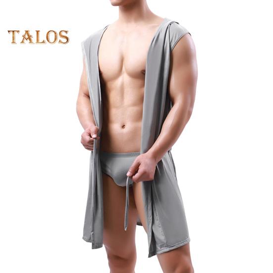 Мужской халат с поясом, капюшоном, без рукавов, однотонный халат из ледяного шелка, с открытой передней частью, мягкий домашний халат из ледяного шелка