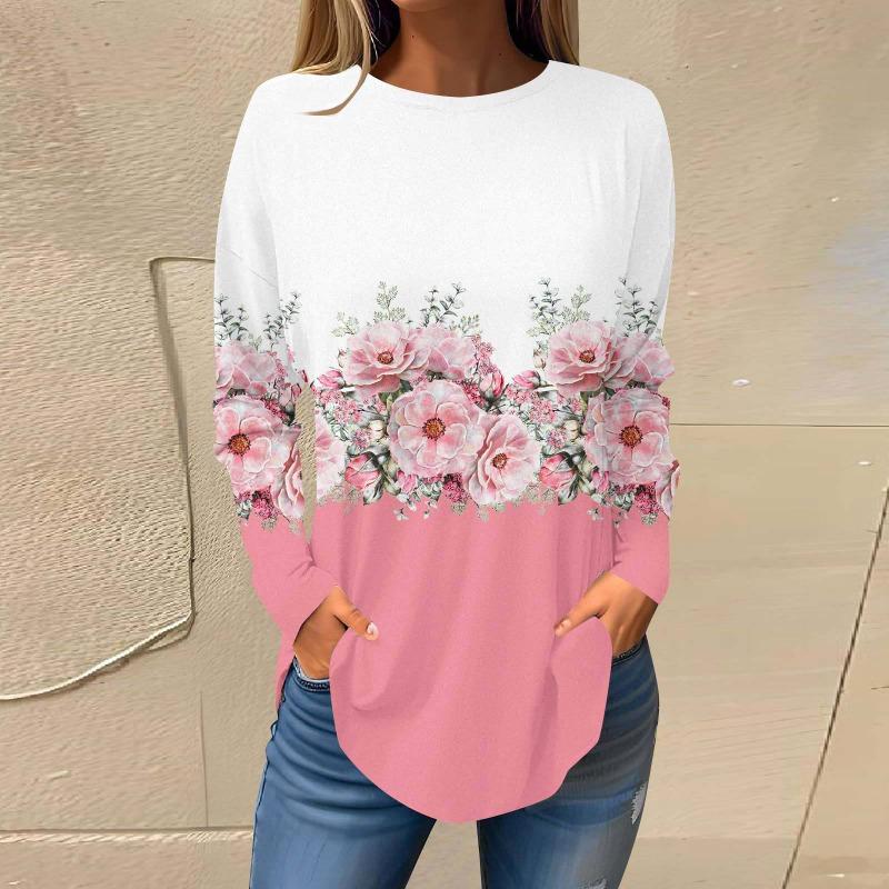 Повседневный топ с круглым вырезом и длинным рукавом, цветочная модная женская футболка большого размера с 3D-принтом, женские осенние свободные топы