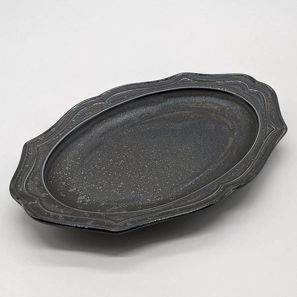 Utsuwa Roan Mino Ware Овальная тарелка с рельефным узором Диаметр приблизительно 25 x 18 см Картон Серебряный Черный Сияющий Ichiyo Toen Подходит для микроволновой печи Сделано в