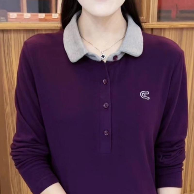 Свитшот с лацканами, модный однотонный новый топ поло с длинными рукавами, рубашка для мам среднего возраста на весну и осень, облегающая и замедляющая старение