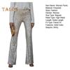 Women Elastic High Waist Flared Pants Sequins Decor Slim Fit Long Trousers High Street Long Pants Streetwear
