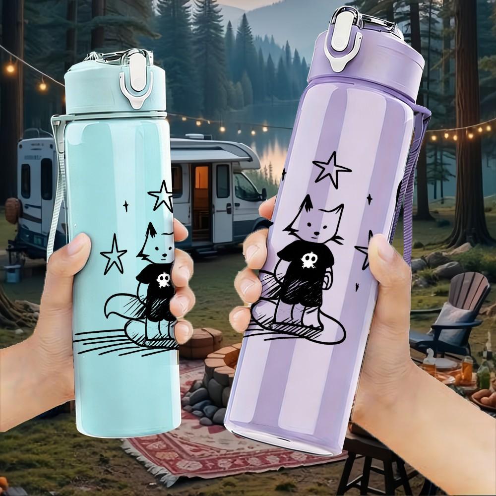 1PC Cat Sled Star Heart Doodle 750ml Color Plastic Sports Water Bottle Leakproof Flip Straw Lid Suitable for Sports Office Home Use