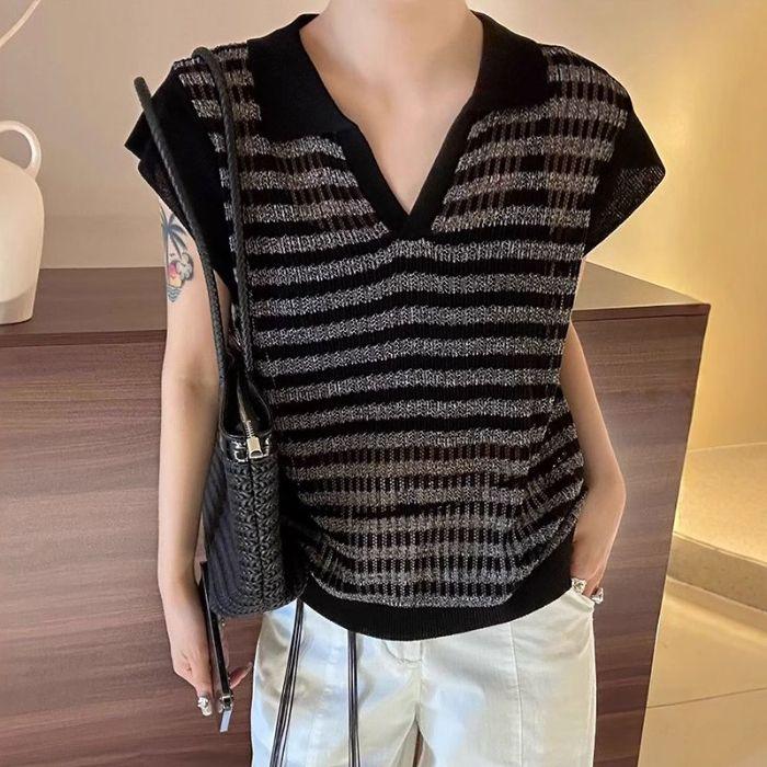 Модная футболка с коротким рукавом и лацканами в стиле колор-блок для женщин, летний новый стиль, элегантный и стройнящий вязаный топ