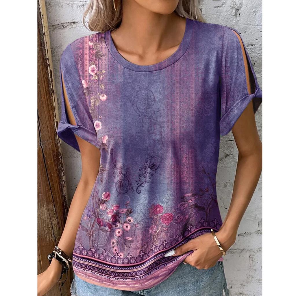 Летняя женская футболка с коротким рукавом и цветочным принтом Hallow