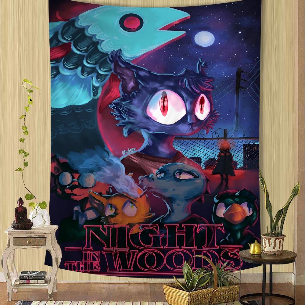 Night in the Woods Full Character Silhouette Wall Tapestry Gradient Background Cozy Room Decor for Indie Game Nostalgic Fans
