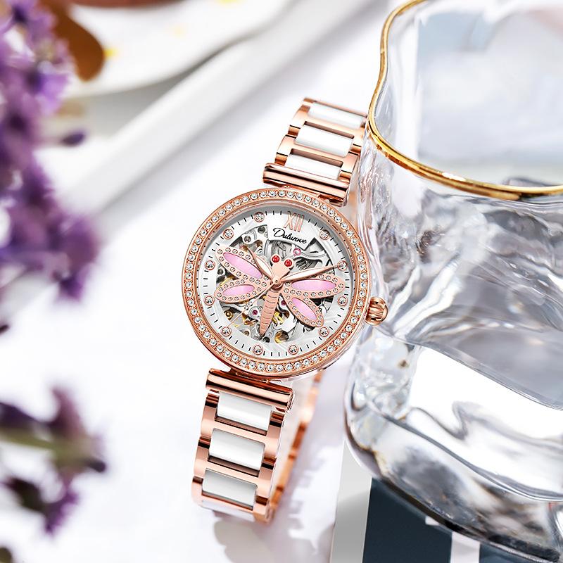 Dulunwe Automatic Mechanical Watches for Women Fashion Waterproof Watch with Dragonfly Dial for Ladies Gifts Diamond Watches