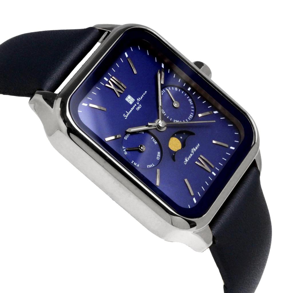 Ремень кожаный с квадратным календарем и фазами Луны, водонепроницаемый, деловой, серебристо-синий, для мужчин, ограниченная модель [Salvatore Mara] SM24112-SSBLLE