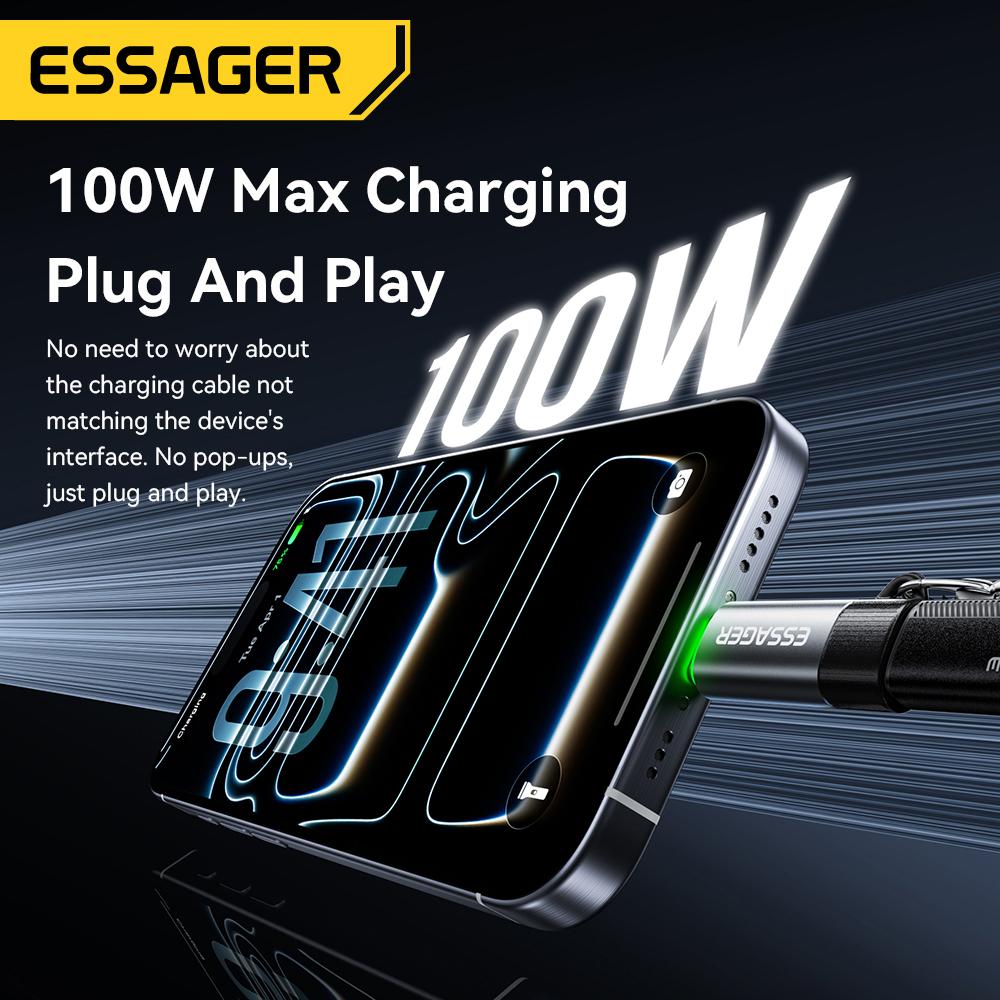 Essager 100 Вт 5 А Умный OTG-адаптер с автоотключением Type C OTG-коннектор С ремешком Для iPhone 17 16 15 Телефонов Android Планшета Ноутбука
