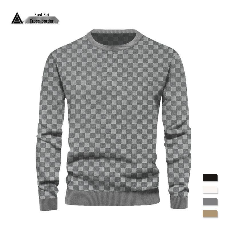 Мужской тяжелый жаккардовый трикотаж в клетку: Топ с круглым вырезом и длинным рукавом на Осень/Зиму 2023