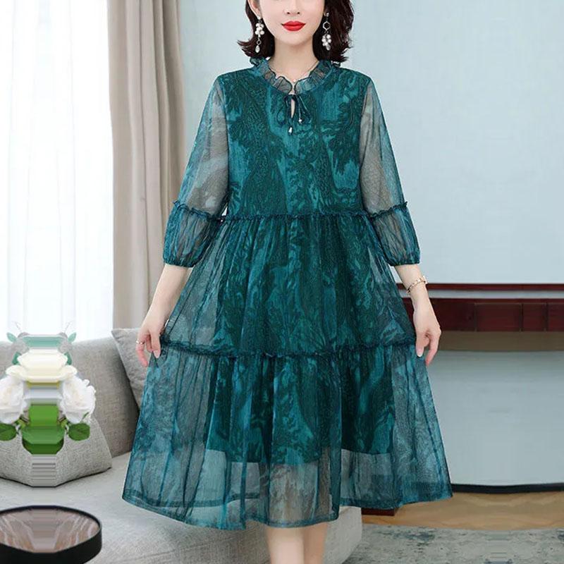 Женское летнее шифоновое платье больших размеров с принтом, свободное сетчатое платье трапециевидной формы