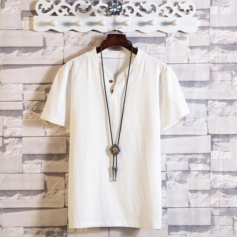 Summer Men's Button Loose Shirts Casual Male V-Neck Short Sleeve Harajuku Cotton Linen T-shirt Tops