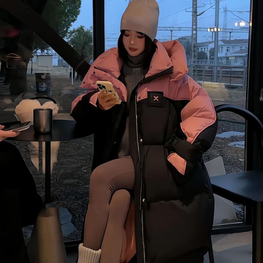 Over The Knee Puffer Jacket Patchwork Parkas Hooded Cotton-padded Jacket Winter Women Clothing Warm Thickened Windproof Coats