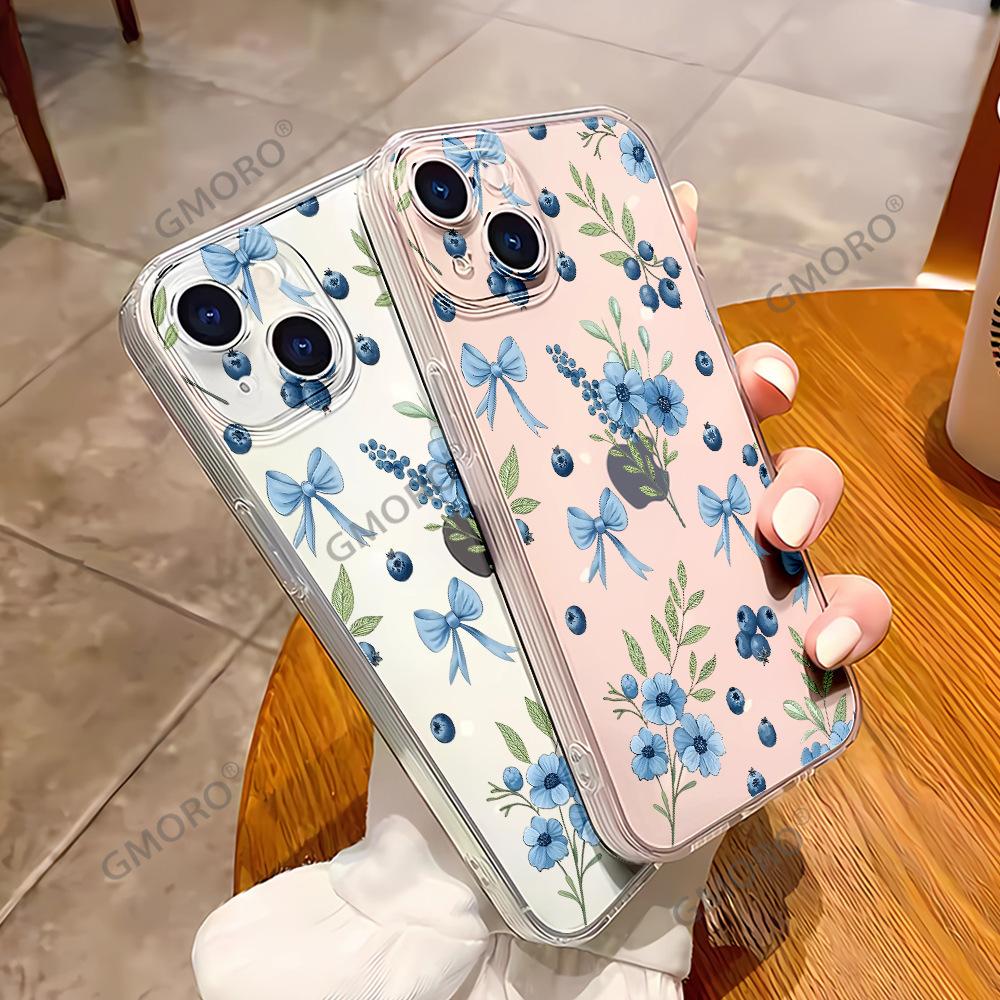 Цветочный с черникой подходит для iPhone17 девушек Французский чехол для мобильного телефона Apple 16/15 прозрачный защитный чехол