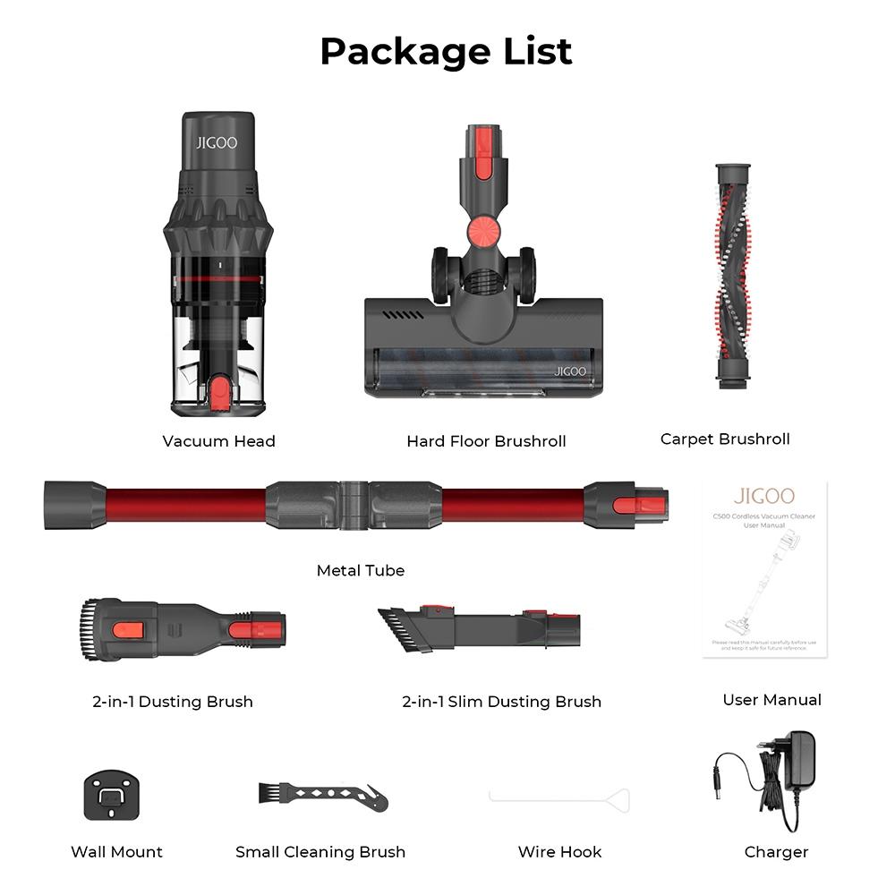 JIGOO Беспроводной пылесос C500 с двигателем мощностью 500 Вт, всасывающим усилием 33 кПа, временем работы 45 минут, съемным аккумулятором и пылесборником емкостью 1,2 л.