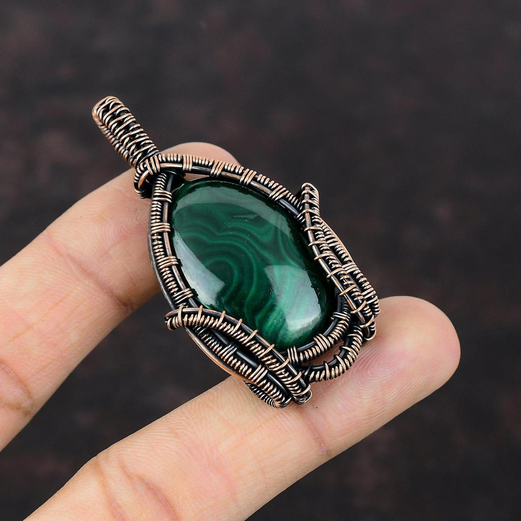 Малахитовый кулон, обернутый медной проволокой, высококачественный драгоценный камень, ювелирное изделие ручной работы, дизайнерский кулон, обернутый медной проволокой, ювелирное изделие в подарок для женщин